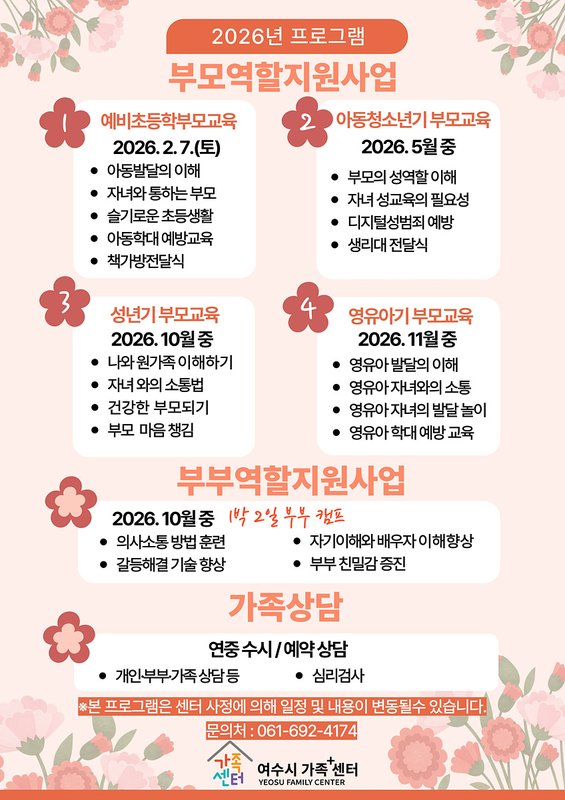 여수시 가족+센터, 2026년 부모·부부 역할 지원 프로그램 운영